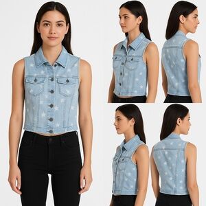 Bullhead Denim Co Star Print Light Wash Sleeveless Buttonup Denim Vest Small Sli